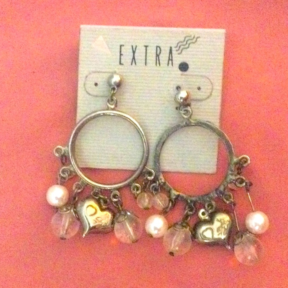 🌞 Extra New yet Vintage 80s hoop charm dangling Earrings hearts pearls crystals